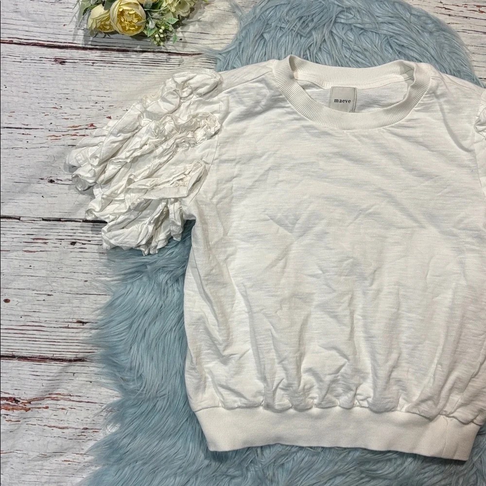 Anthropologie Maeve Ruffled Puff-sleeve Tee In White